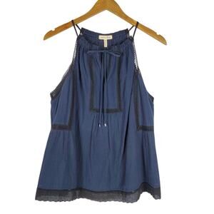Rebecca Taylor Sleeveless Voile Lace Top Size 10 Blue Black Cotton Lined Blouse